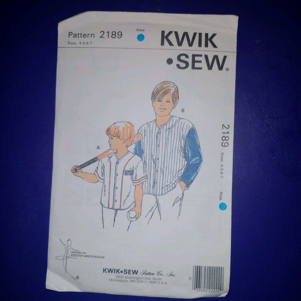 VTG 1990s Kwik Sew Pattern 2189 Boys Baseball Style Shirts, Sizes 4-5-6-7 Cut